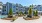 outdoor courtyard with a swimming pool and flower beds